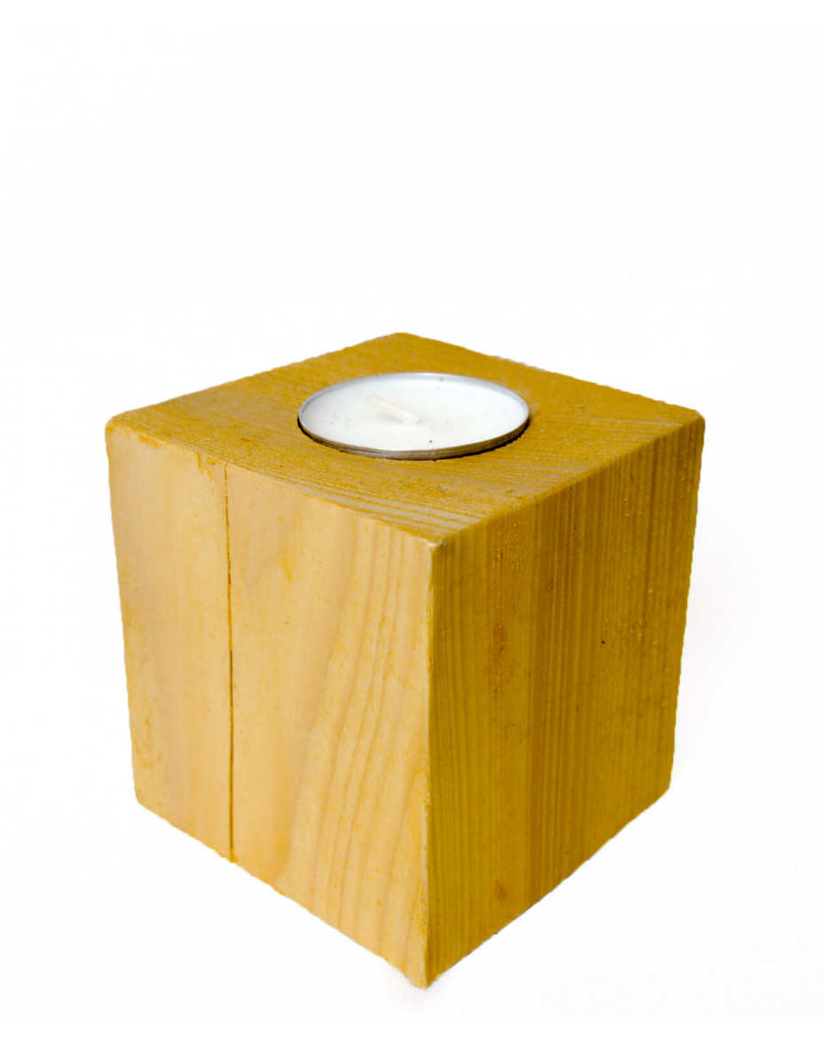 Drevený svietnik kocka M - zlatý 7,5 cm